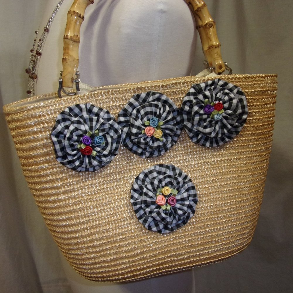 Straw Handbag Bamboo Handles Accent Gingham Rosettes NWOT